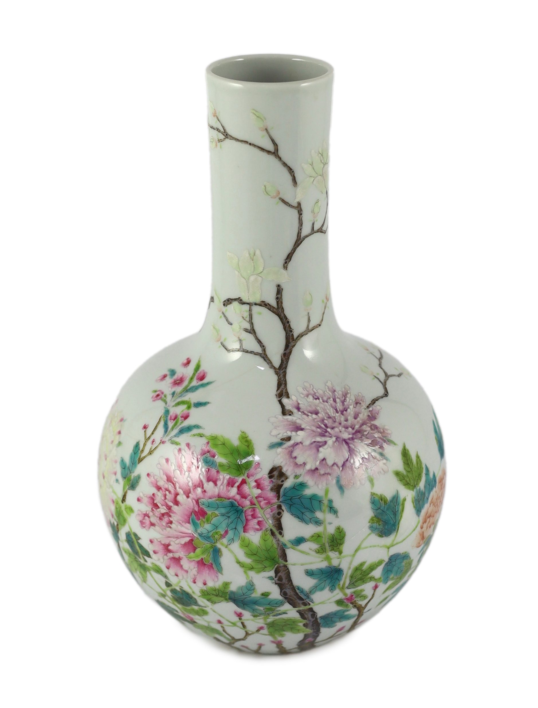 A Chinese famille rose bottle vase, tianqiuping, Qianlong seal mark but Republic period